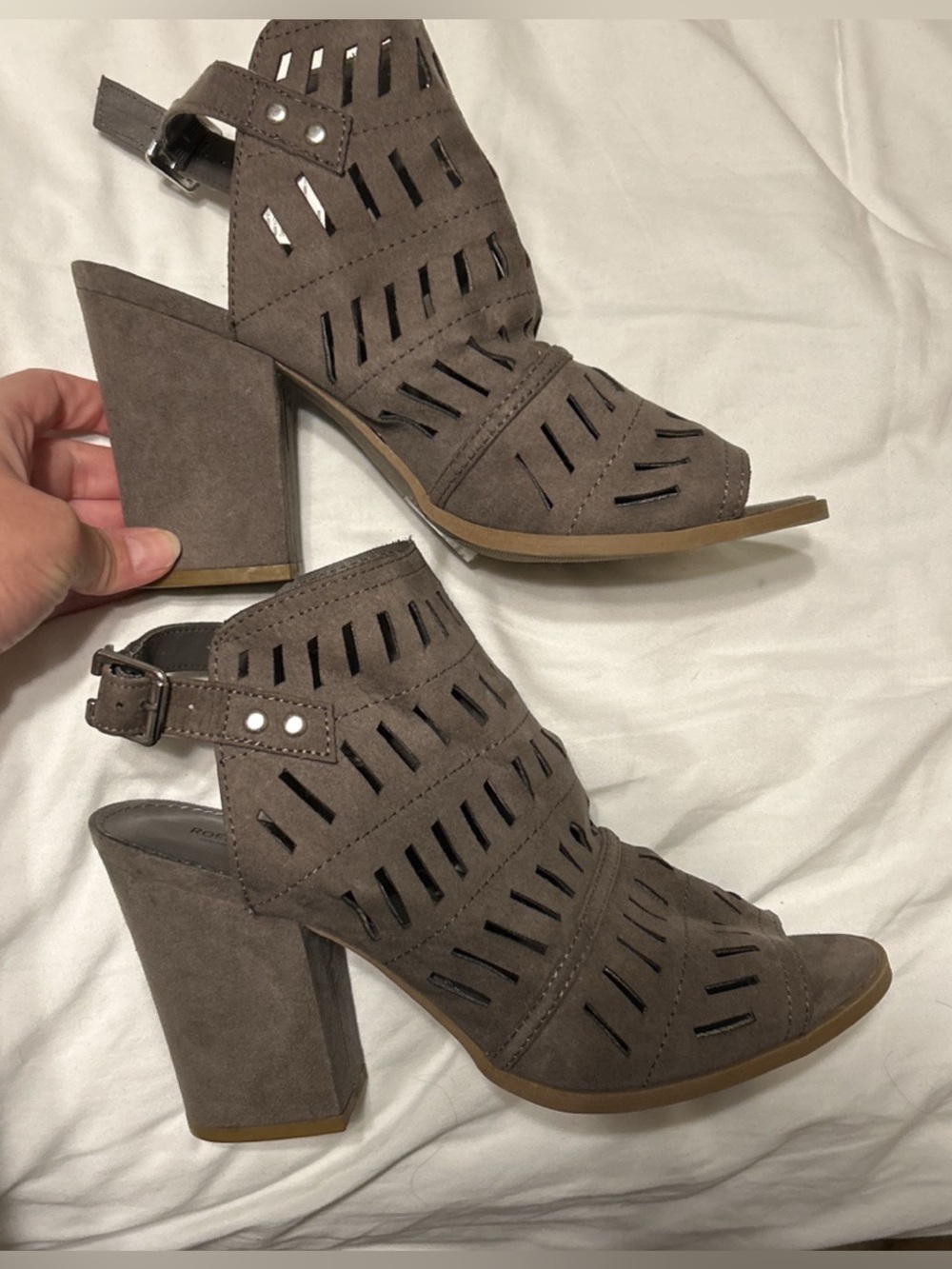 Taupe Cutout Suede Block open toe Heel Booties